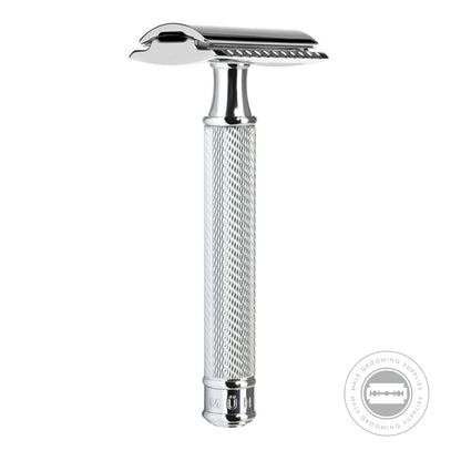 Full view of the assembled Muhle R89 Safety Razor with its brilliant chrome finish and gentle geometry design.