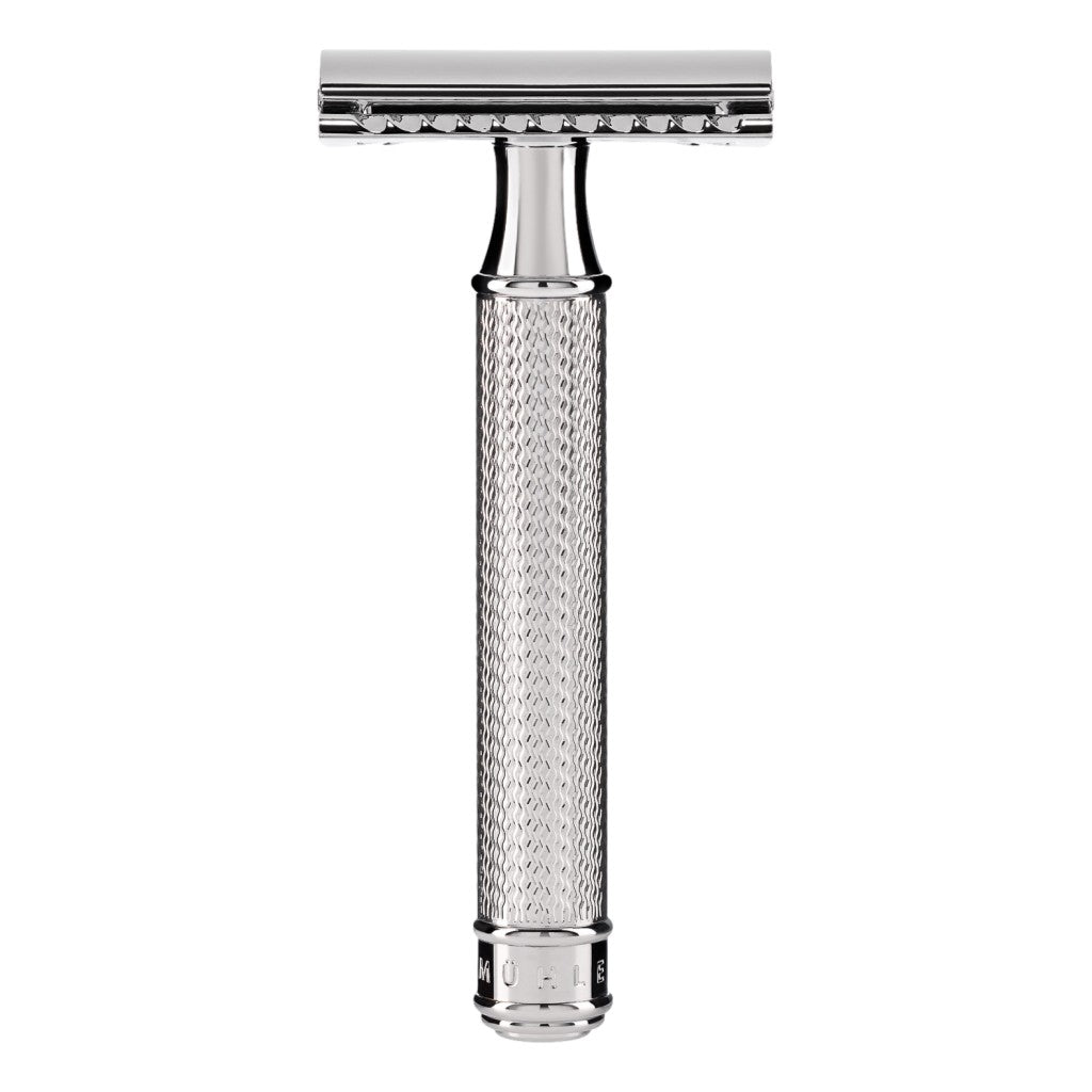 A close-up view of the Muhle R89 Safety Razor, showcasing its sleek chrome-plated handle and precision-engineered closed comb head.