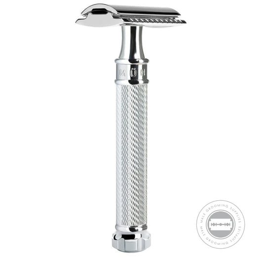 Muhle R89 Twist Safety Razor upright with polished chrome detailing and engraved Muhle logo.