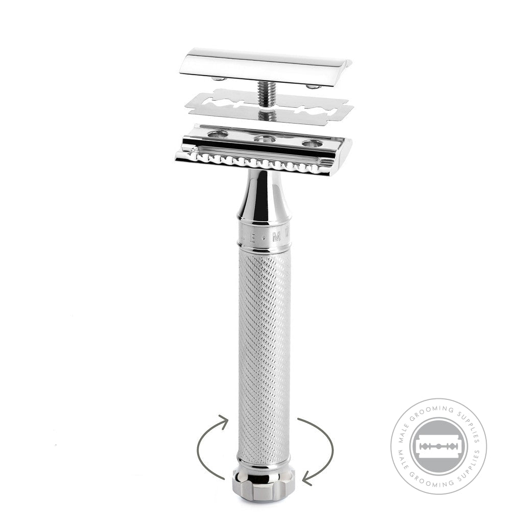 Exploded view of Muhle R89 Twist Safety Razor showing blade replacement via twist-open mechanism.