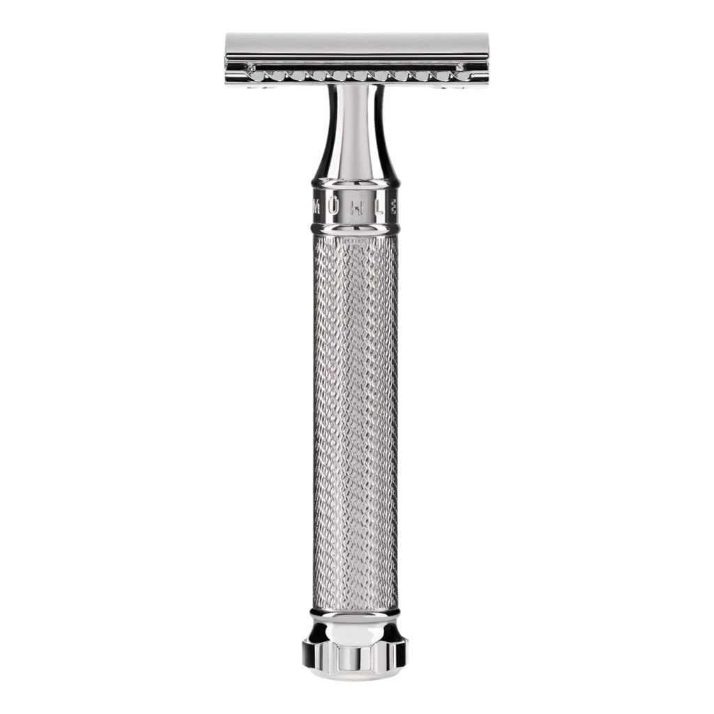 Muhle R89 Twist Safety Razor front view showcasing its chrome-plated handle and twist mechanism.