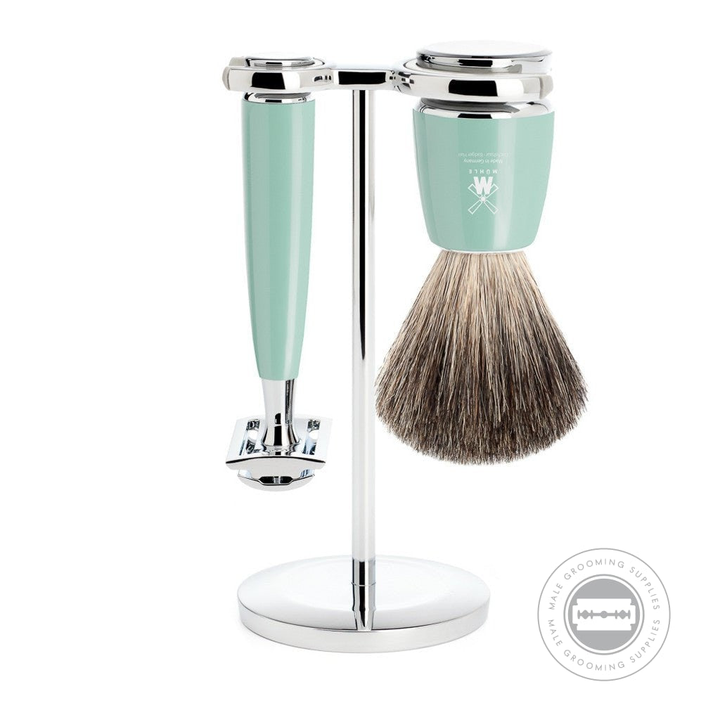 Muhle 'Rytmo' Pure Badger Mint Shaving Set with mint resin handles, Pure Badger brush, safety razor, and chrome-plated stand.