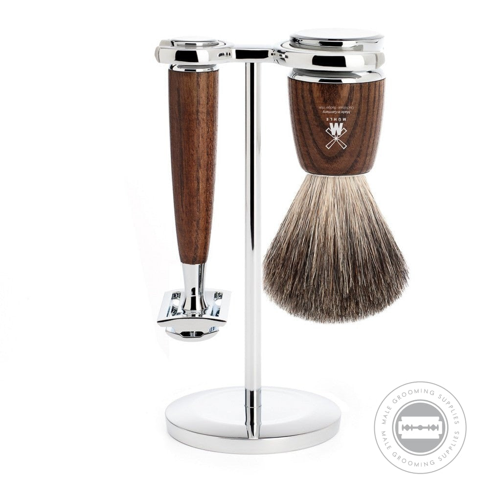 Muhle 'Rytmo' Pure Badger Steamed Ash Shaving Set with heat-treated ash wood handles, Pure Badger brush, safety razor, and chrome-plated stand.