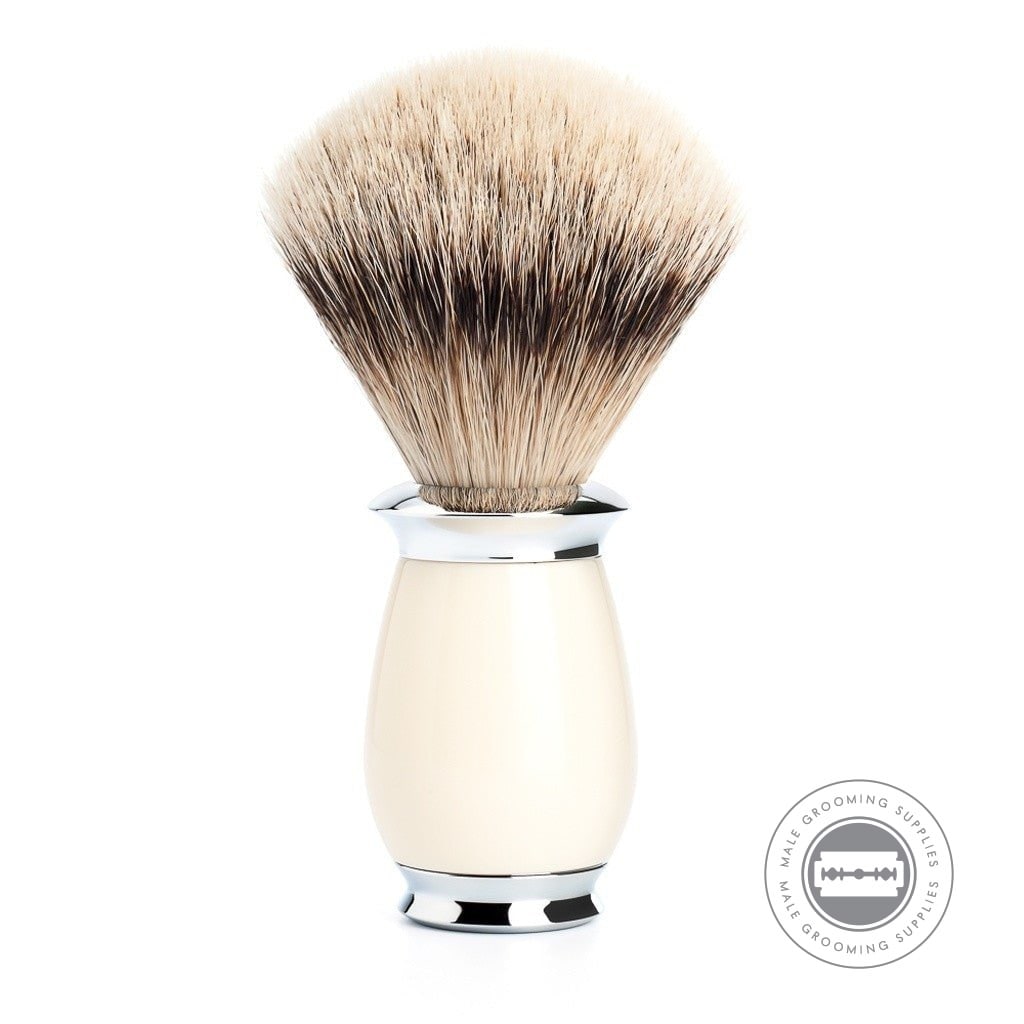 Muhle Silvertip Badger Shaving Brush with faux ivory handle and chrome accents, featuring premium silvertip badger bristles.