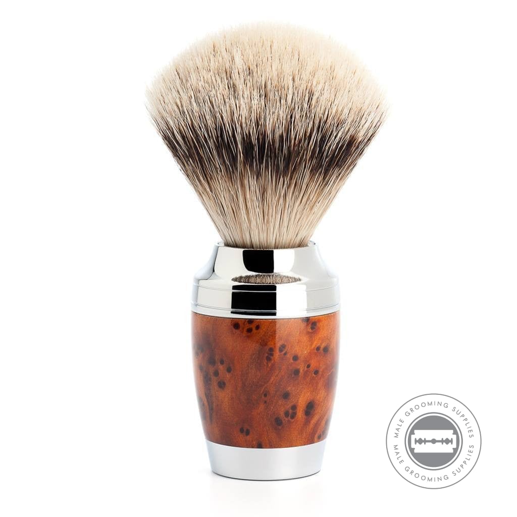 Mühle Stylo Silvertip Badger Shaving Brush with Thuja Grain Wood handle and chrome-plated metal accents, featuring a luxurious, soft badger bristle head.