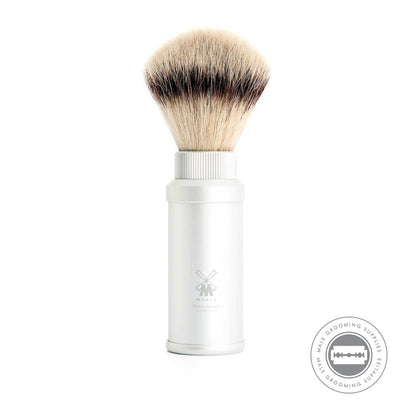 Mühle Travel Shaving Brush fully assembled with Silvertip Fibre brush head and silver anodised aluminium handle.