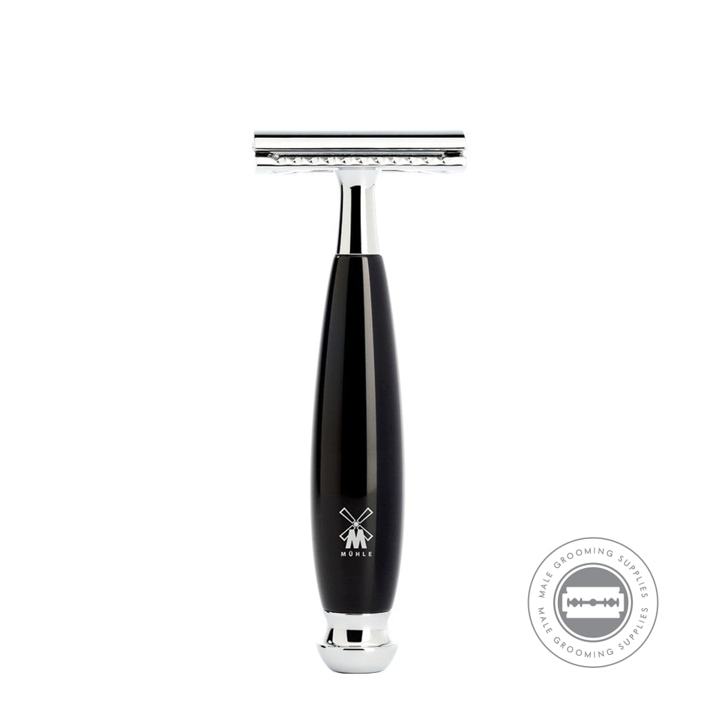 Muhle Vivo Black Resin Safety Razor with polished black handle and chrome accents, offering precision and style.