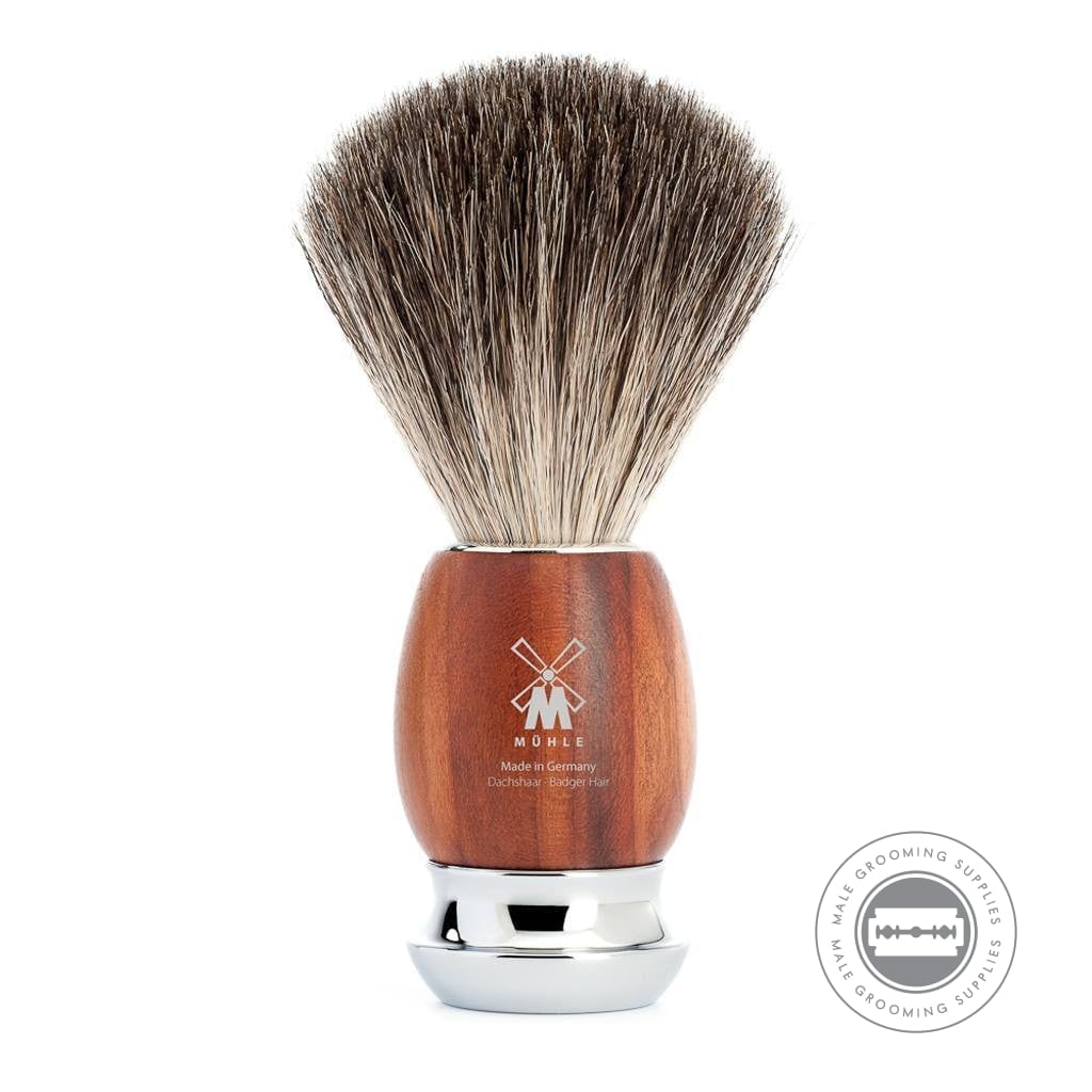 Mühle VIVO Pure Badger Shaving Brush with a plum wood handle and chrome-plated accents.