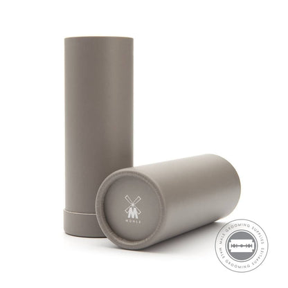 Elegant Mühle VIVO packaging tube with the iconic Mühle logo, designed for protecting and presenting shaving brushes.