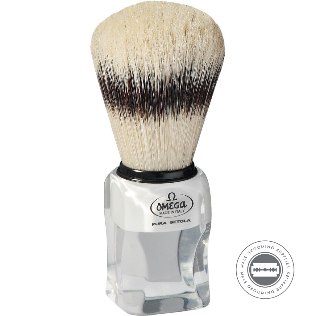 Omega Badger Imitation Hog Bristle Shaving Brush with transparent resin handle and includes black drip stand for a luxurious shaving experience.