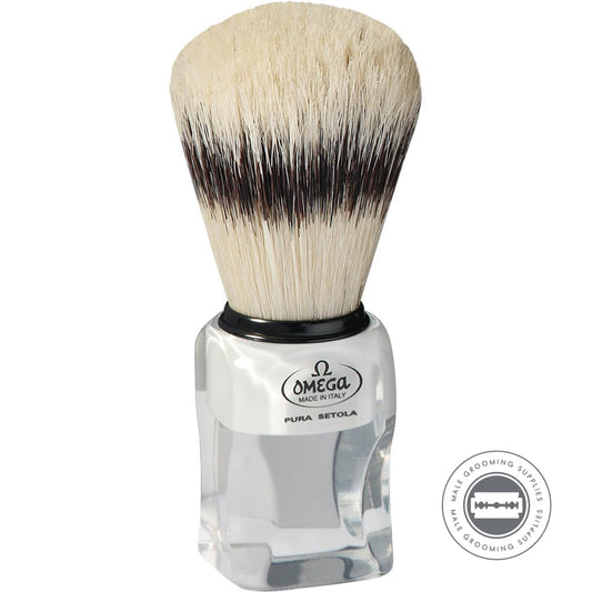 Omega Badger Imitation Hog Bristle Shaving Brush with Plastic Drip Stand 81020 | Male Grooming Supplies