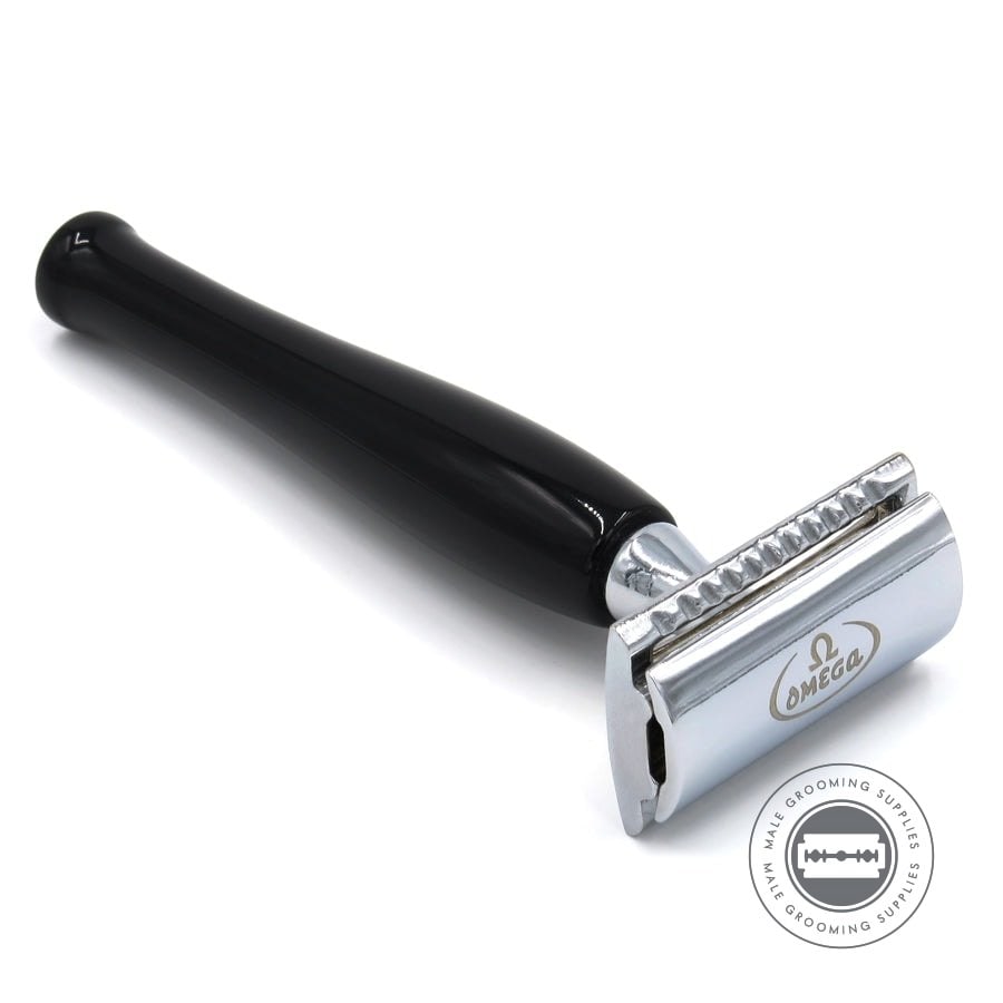 Omega Black Double Edge Safety Razor with black resin handle for precise and smooth shaving.