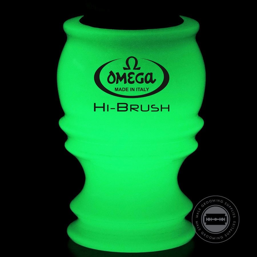 Omega HI-BRUSH Fiber Shaving Brush with Glow-in-the-Dark Handle illuminated green.