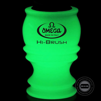 Omega HI-BRUSH Fiber Shaving Brush with Glow-in-the-Dark Handle illuminated green.