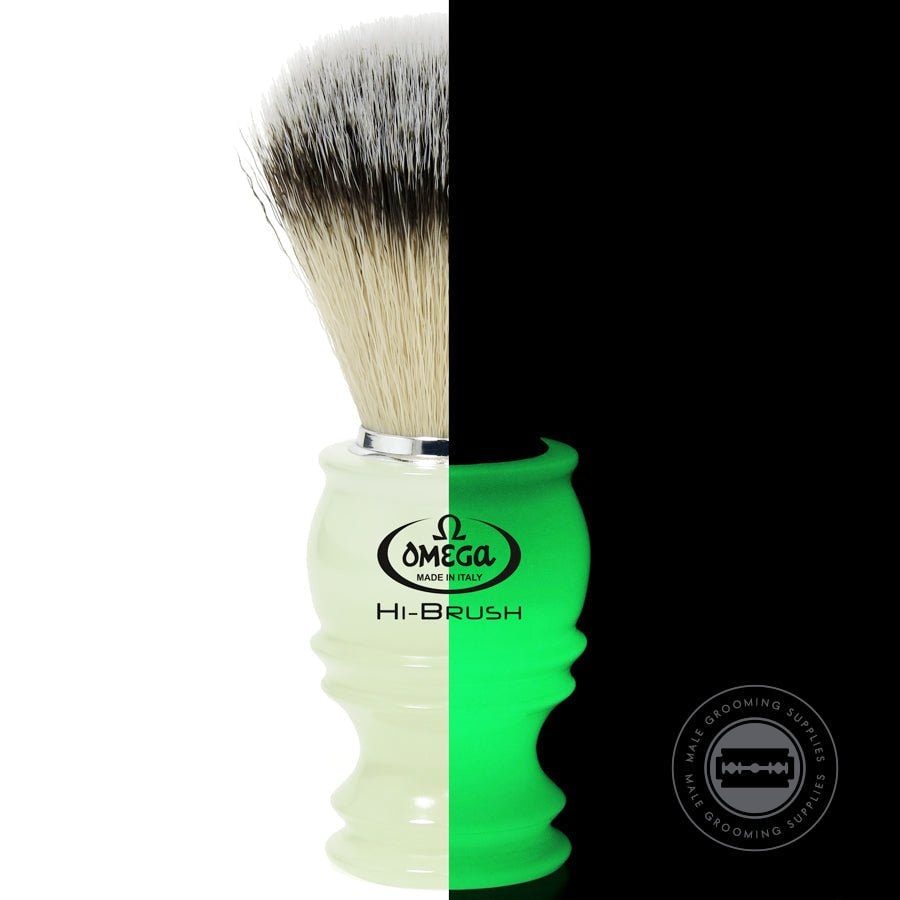 Dual view of Omega HI-BRUSH Fiber Shaving Brush – one side glowing in the dark, the other in normal lighting.