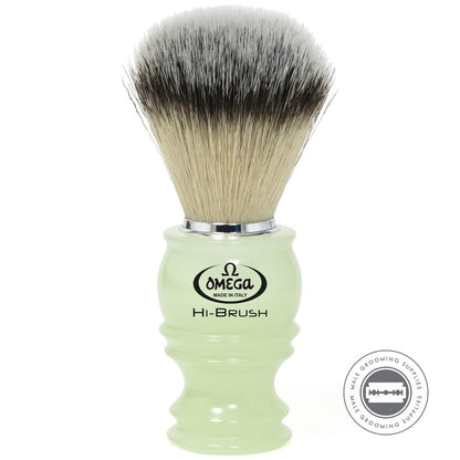 Omega HI-BRUSH Fiber Shaving Brush with phosphorescent green handle, shown in daylight.