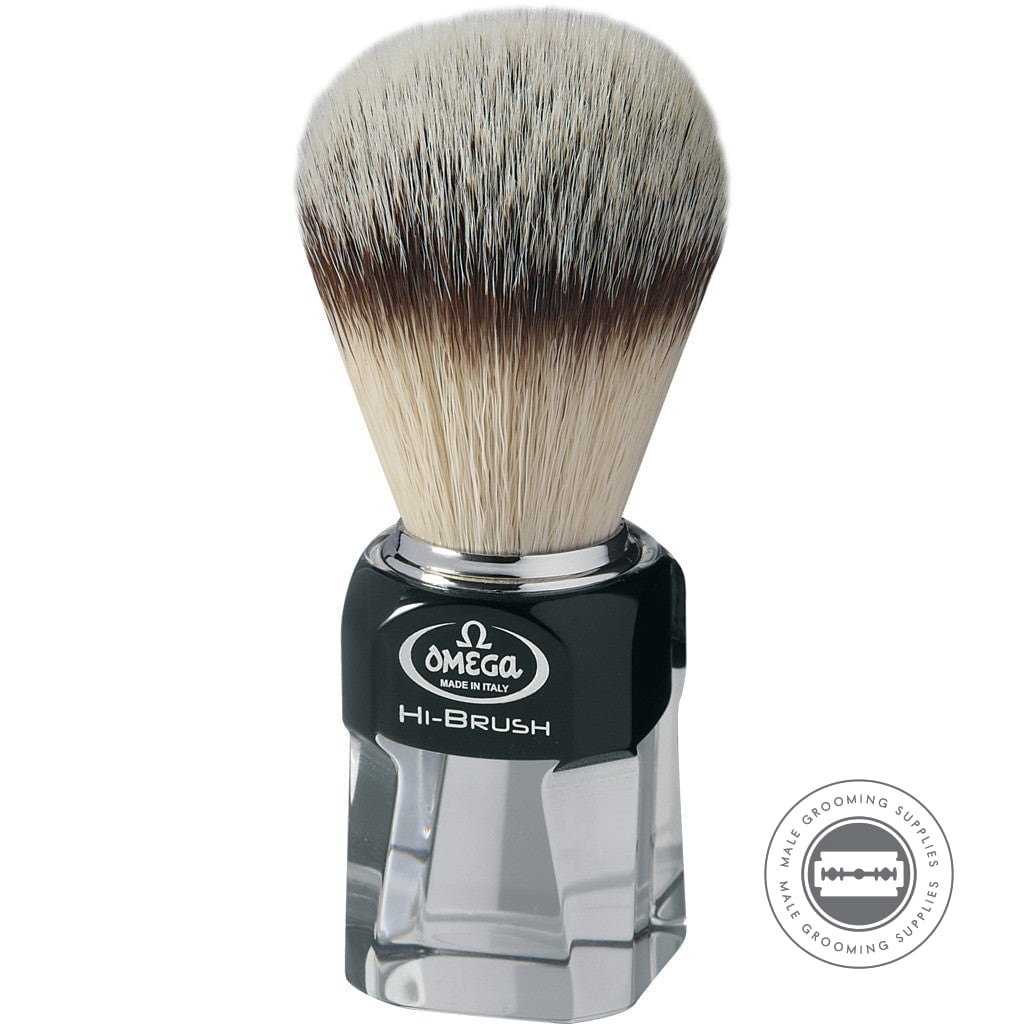 Omega 'HI-BRUSH SERIES' Synthetic Shaving Brush 0140634 with transparent resin handle and cruelty-free fibers.