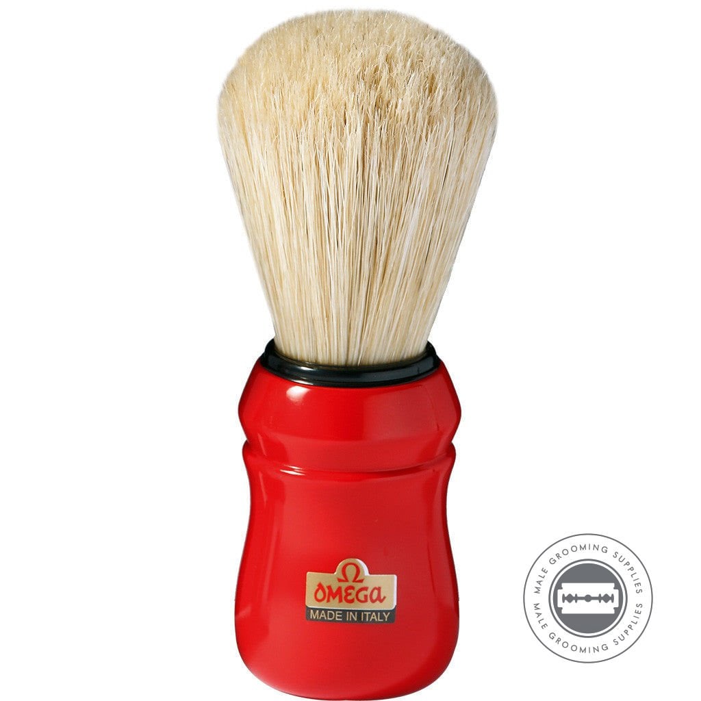 Omega Professional Red Barber Shaving Brush with durable red ABS handle and 100% hog bristles.