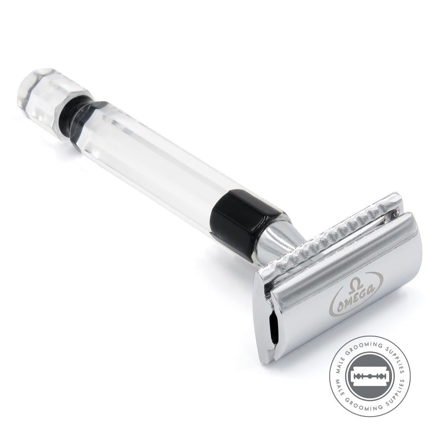 Omega Transparent Double Edge Safety Razor D5195 with a sleek and durable resin handle.