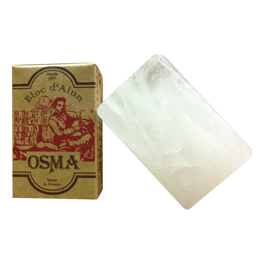 Osma Alum Block 75g in eco-friendly Kraft cardboard packaging, ideal for soothing razor burn and preventing blemishes after shaving