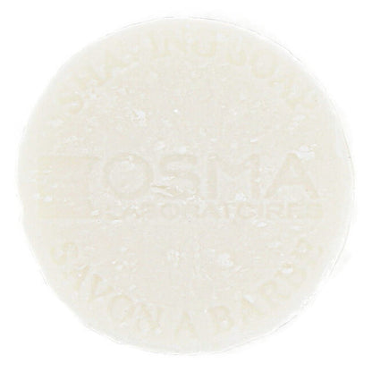 A picture of Osma Shaving Soap 100g  featuring natural ingredients like kaolin and shea butter, made in France.