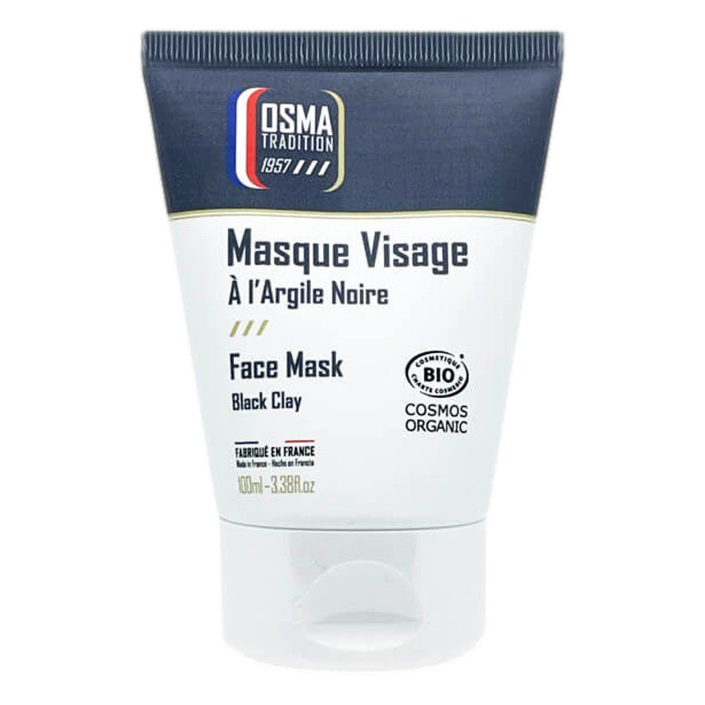 Osma Face Mask Black Clay 100ml tube with COSMOS Organic certification, featuring black clay, charcoal, and shea butter for deep cleansing and hydration.