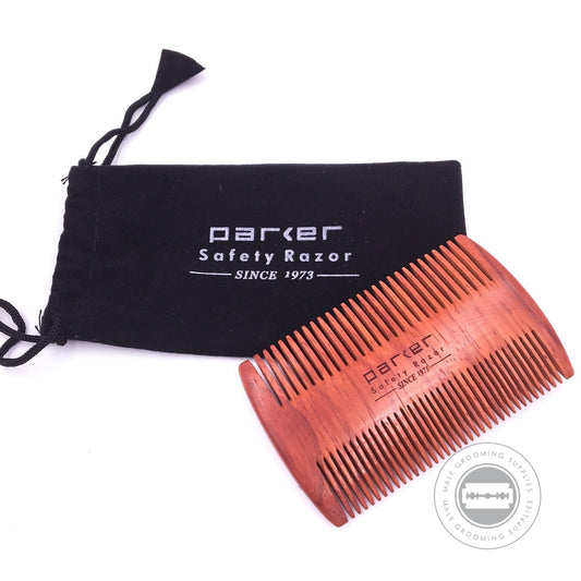 Parker Double-Sided Rosewood Beard Comb with black gift pouch, engraved with Parker logo.