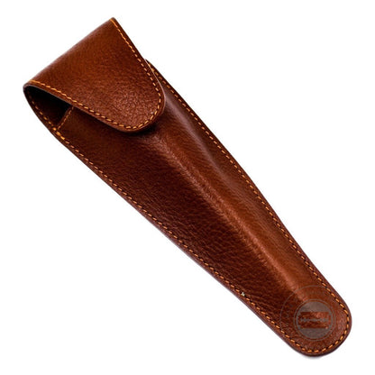 Saddle brown Parker leather razor pouch designed for Mach3 and Fusion razors.