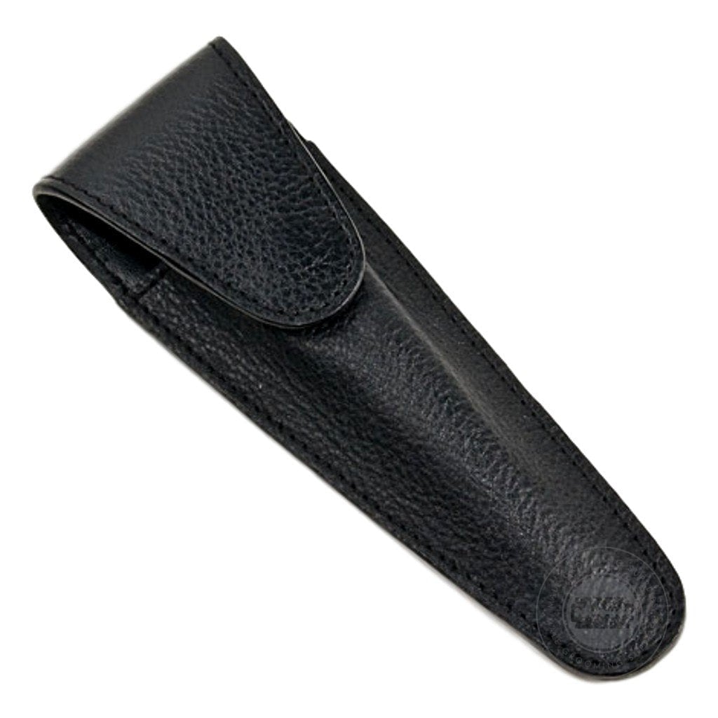 Black Parker leather razor pouch for Mach3 and Fusion razors with snap closure.