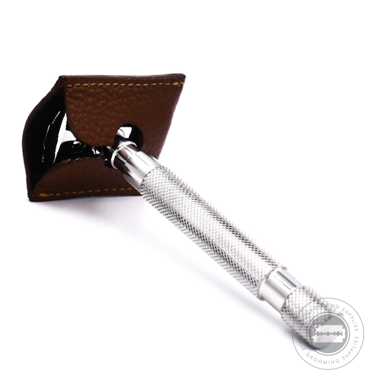 Saddle brown Parker leather razor guard securely fitted on a safety razor.