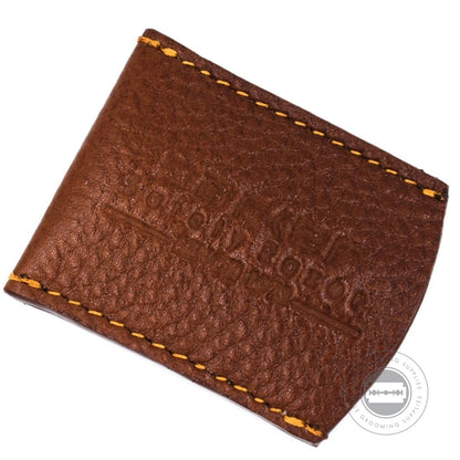 Brown Parker leather razor guard featuring yellow stitching and embossed logo.