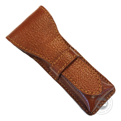 Closed Parker Leather Saddle Case in genuine saddle brown leather with durable stitching.