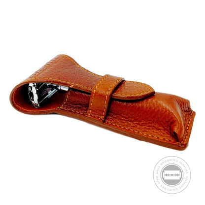 Closed Parker Leather Saddle Case showing a safety razor inside, made from genuine saddle brown leather.