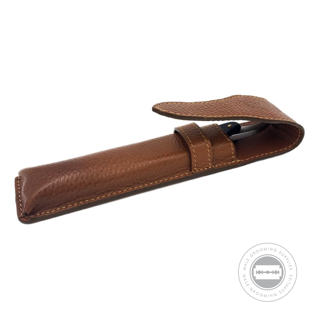 Open Parker Leather Saddle Case for straight razors in saddle brown, showcasing hand-stitched craftsmanship.