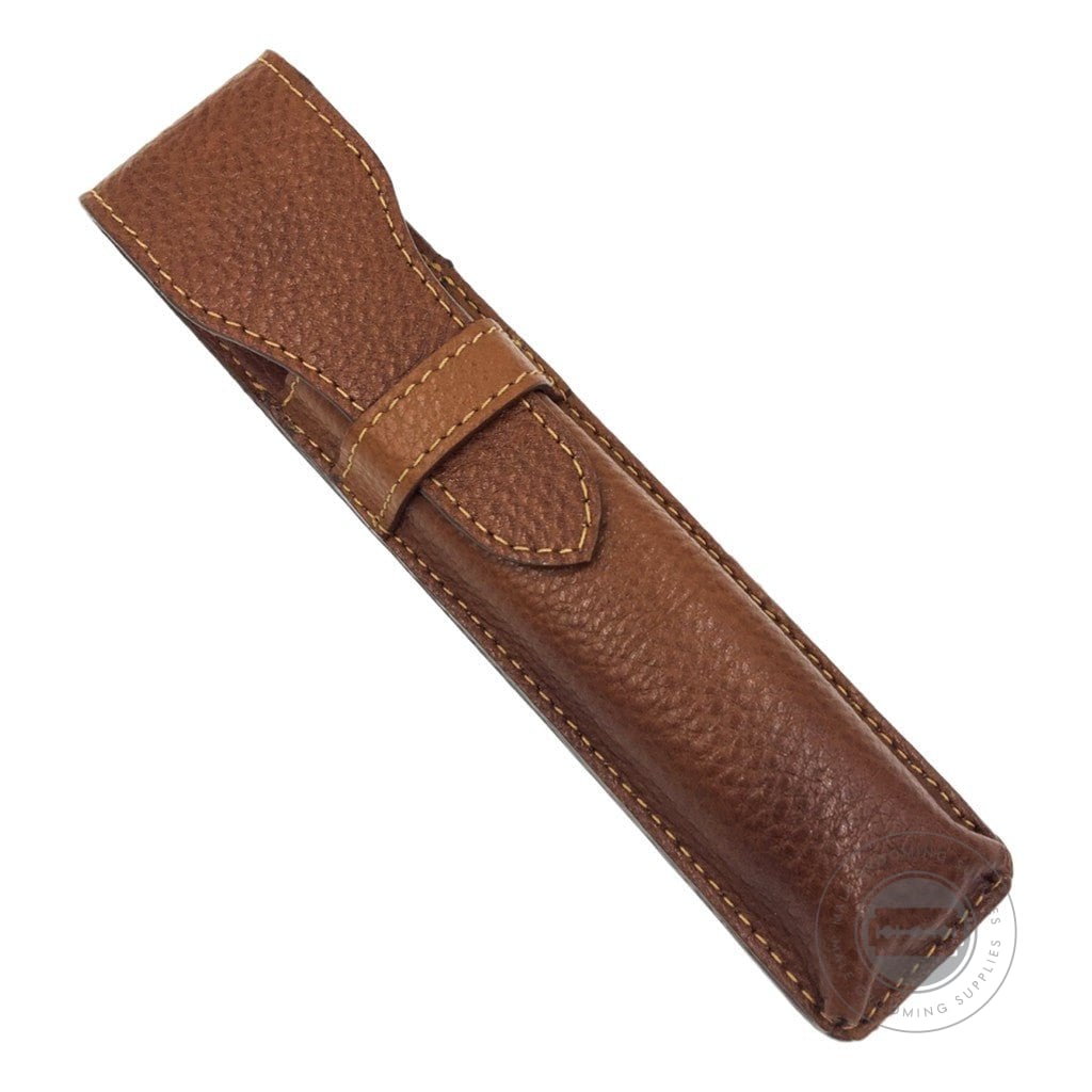 Closed Parker Leather Saddle Case for straight razors in saddle brown, perfect for storage and travel.