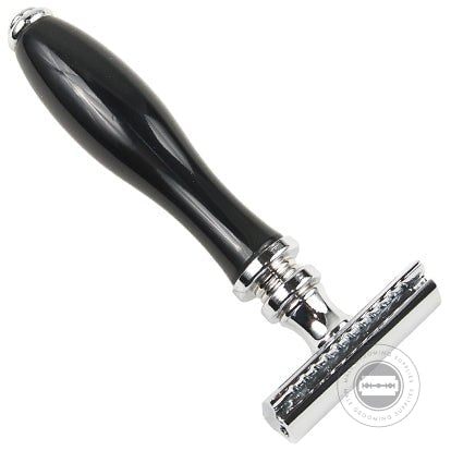 Parker Model No. 111-B Three-Piece Double Edge Safety Razor with black resin handle and chrome trim.