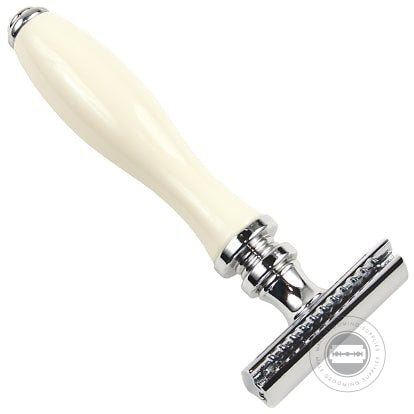 Parker Model No. 111-W Three-Piece Double Edge Safety Razor with white resin handle and chrome trim.