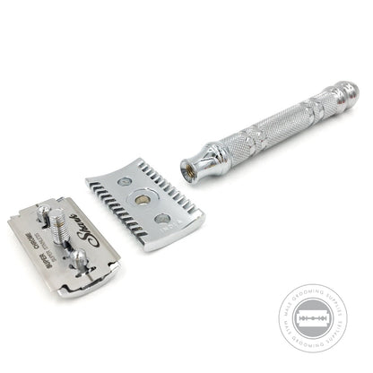 Open three-piece Parker 24C Safety Razor showcasing its components, including the chrome-plated brass handle, open comb head, and double-edge blade.