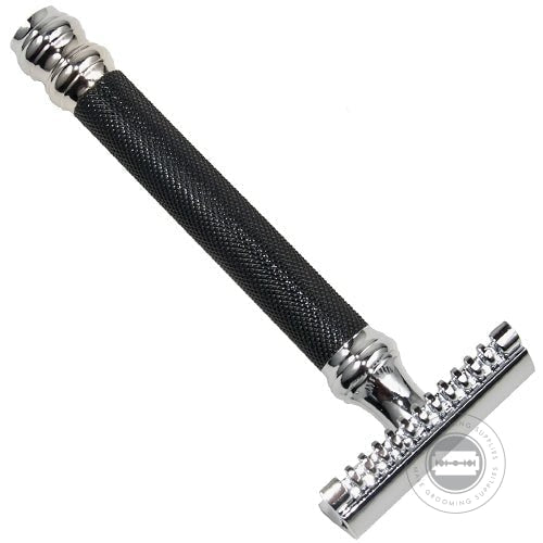 Parker 26C Open Comb Safety Razor with a durable brass frame and graphite finish for smooth, professional shaving.