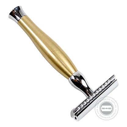 Assembled Parker 48R Gold Tone Safety Razor featuring a mid-length handle and polished gold-plated finish.