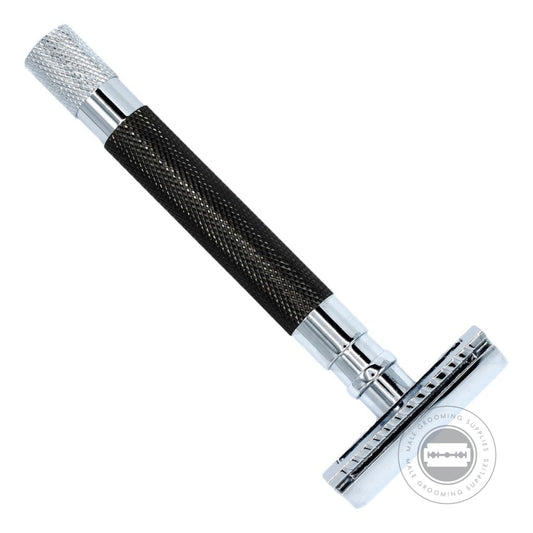 Parker 56R-Graphite Safety Razor, highlighting its three-piece design and durable brass frame with a textured finish.