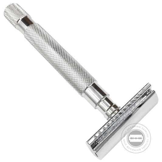 Parker 64S Stainless Steel Safety Razor with rust-resistant 316L stainless steel handle and chrome-plated closed comb head.