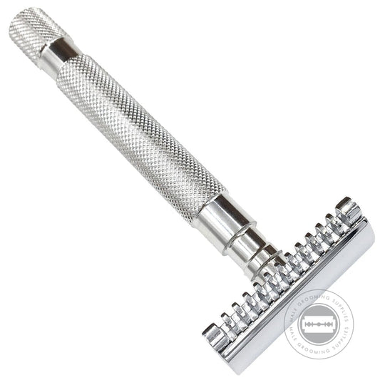 Parker 68S Safety Razor with rust-resistant stainless steel handle and open comb chrome-plated head for precise shaving.