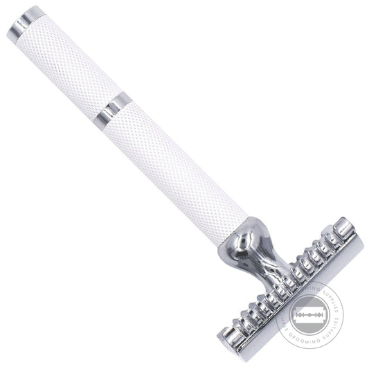 Upright view of the Parker 70C Safety Razor with its white and chrome-plated brass handle and open comb design for a smooth shave.