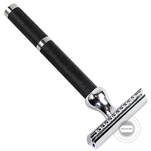 Parker 71R Safety Razor with a black anodized and chrome-plated handle, textured grip, and three-piece design for a barbershop-quality shave.