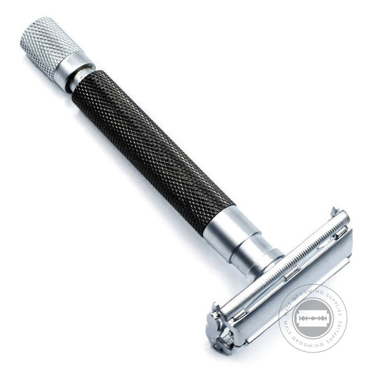 Angled view of the Parker 74R-Graph Safety Razor showcasing its graphite and satin chrome-plated finish with a textured handle for secure grip.