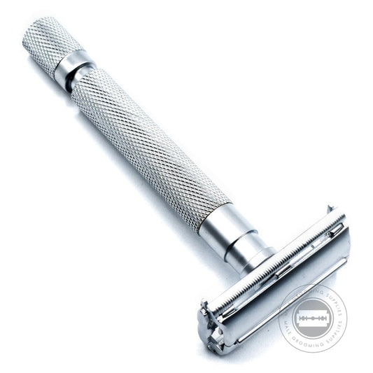 Close-up of the Parker Model No. 74R-SC Safety Razor with a textured satin chrome handle.