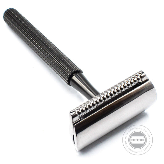 Angled view of the Parker 78R-GR safety razor, highlighting the intricate textured handle and precision-engineered head for close, comfortable shaves.