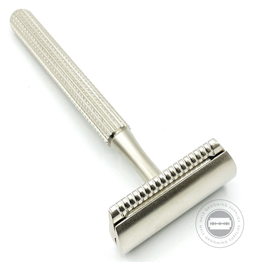 Side view of the Parker Model 78R-SC safety razor showcasing its precision-engineered closed comb head and satin chrome textured handle.