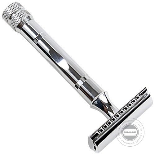 Parker Model No. 89R Double Edge Safety Razor with a polished chrome finish and textured handle for secure grip.